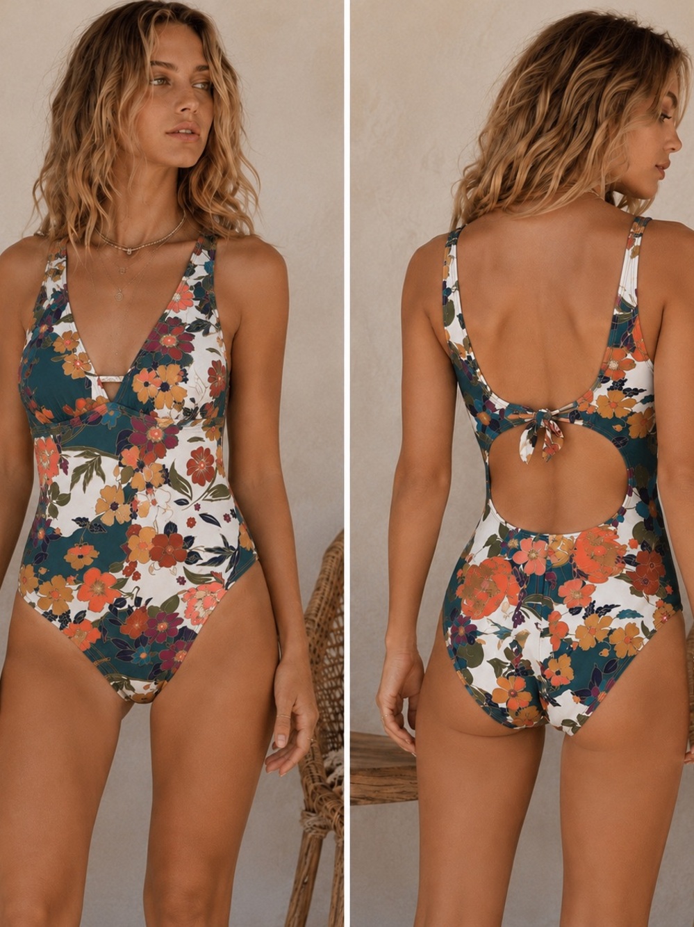 Floral One Piece Swimsuit Gold Textured Boho
